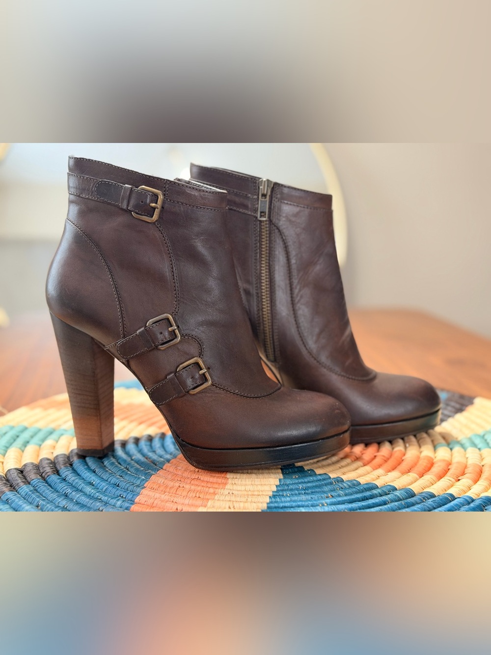 Derek Lam Brown Italian Leather Triple Buckle Platform Heeled Booties EU 39.5